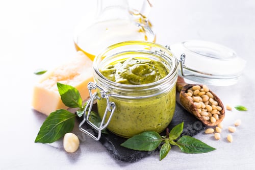 Preview: Pesto sauce in glass jar and ingredients.