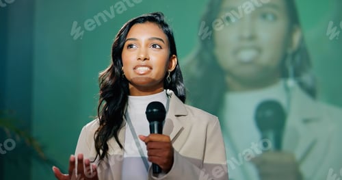 Preview: Conference, presentation or seminar and public speaking woman with microphone on stage for developm