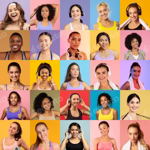 Preview: Diverse group of women showcasing fitness enthusiasm and joy in vibrant colors