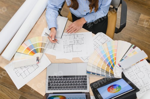 Preview: Architect woman planning home interior design project