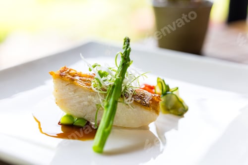 Preview: Grill fish with asparagus in fine dinning restaurant