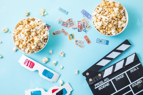 Preview: Cinema minimal concept. popcorn, clapperboard, 3D glasses and tickets top view