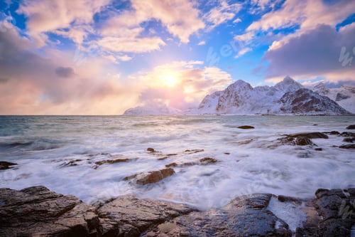 Preview: Coast of Norwegian sea on rocky coast in fjord on sunset