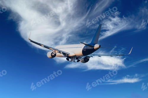 Preview: Passengers Commercial airplane flying above dramatic clouds. Travel concept.