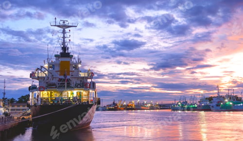Preview: Oil tanker ship with nautical vessels moored along the riverbank at harbor against cloudy sunset sky