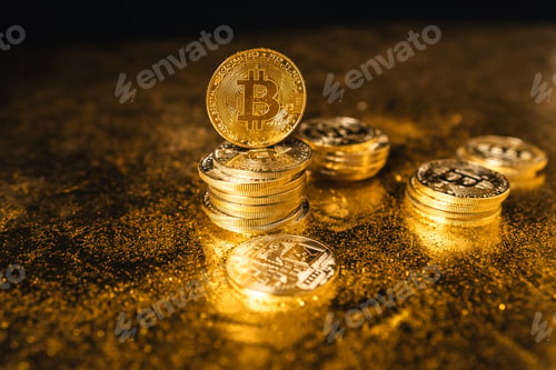 Preview: bitcoin growth,bitcoin coins stacked on black gold background