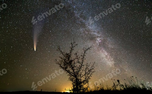 Preview: Night landscape with stars covered sky and C/2020 F3 (NEOWISE) comet with light tail.