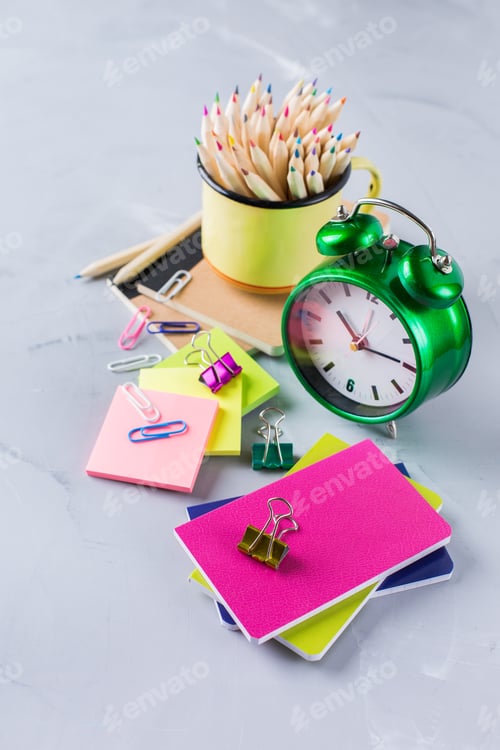 Preview: Assortment of school supplies, crayons, pens, chalks