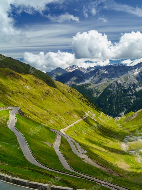 Preview: Mountain landscape along the road to Stelvio pass at summer