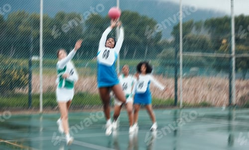 Preview: Sports team, netball player and woman jump for ball, competition and women playing game, court chal