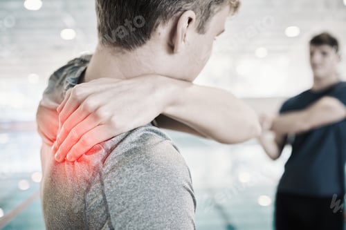 Preview: Shoulder pain, man and red overlay for sports injury and inflammation at swimming pool. Massage, ma