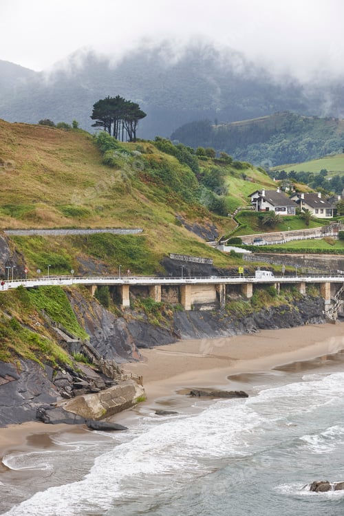 Preview: Basque country coastline landscape on a foggy day. Spain