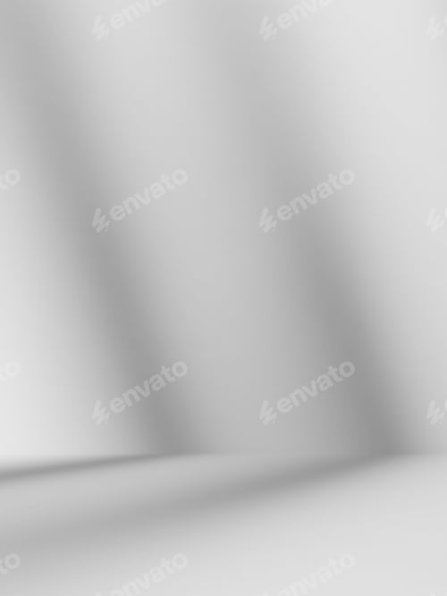 Preview: Empty white room studio with leaves shadow overlay effect for product presentation.