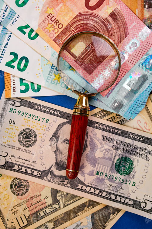 Preview: Flat lay of banknotes of money dollars and euro, exchange rate