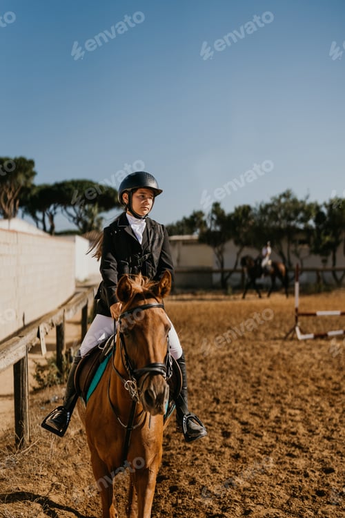 Preview: 15-year-old warming up a brown horse in the equestrian arena