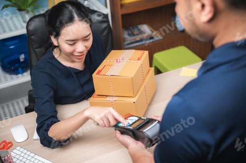 Preview: parcel delivery service for work from home people, Woman receiving parcel from delivery man