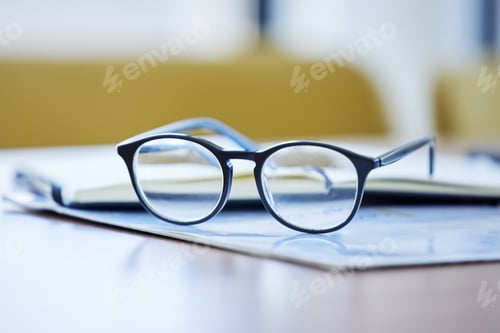 Preview: Shot of glasses and paperwork lying on a desk in an empty office during the day