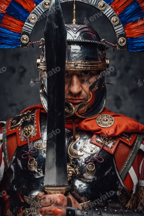 Preview: Roman warrior with sword dressed in armor with plumed helmet