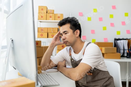 Preview: Male online store owner, he is stressed because there are no orders, online store owner distributes