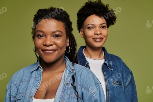 Preview: Stylish lesbian couple showcasing vibrant fashion with love and confidence in an artistic setting