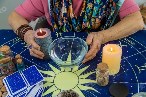 Preview: Woman fortune teller fortune telling wax candles. Selective focus.