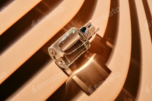 Preview: Is the perfume spray bottle lying on a beige background with shadow stripes.