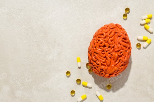 Preview: Orange human brain model with pills and vitamins