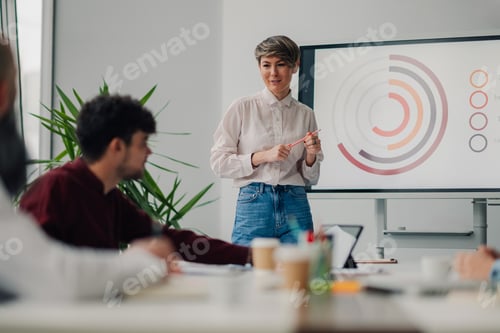 Preview: Project manager leading presentation during office meeting with coworkers taking notes