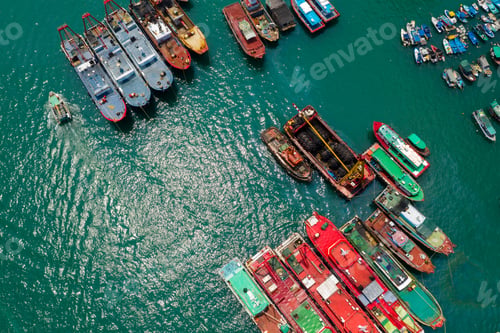Preview: Aberdeen, Hong Kong 12 May 2019: Top down view of fishing boat on the sea in Hong Kong