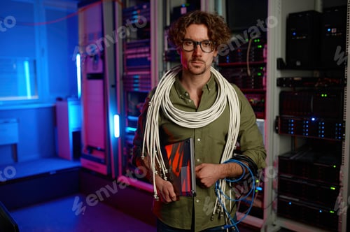 Preview: Portrait of signalman with many wires on shoulders and laptop in hand