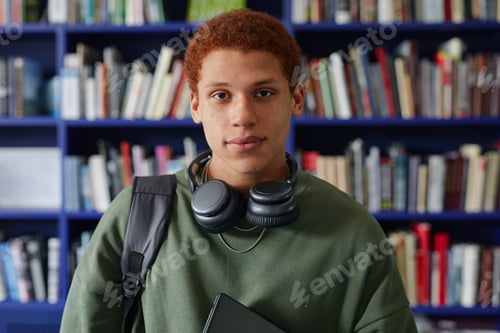 Preview: Portrait of Young Adult Biracial Man Standing in Library Holding Laptop