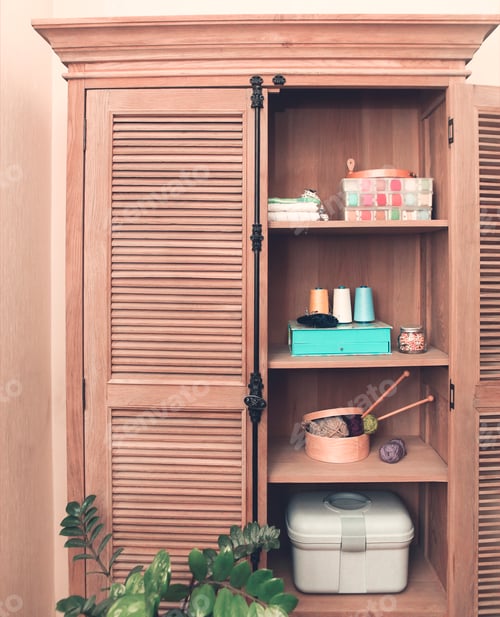 Preview: Sewing accessories in retro wooden cupboard