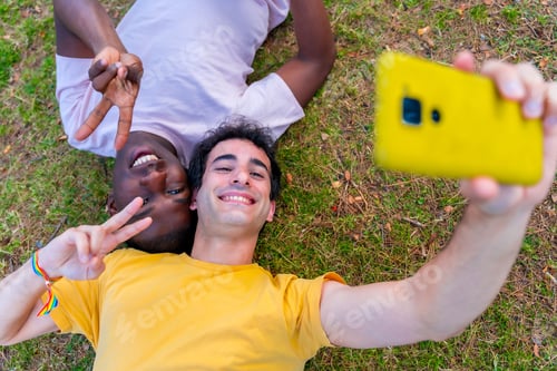 Preview: Cheerful diverse gay couple taking a selfie laying on the grass in a park