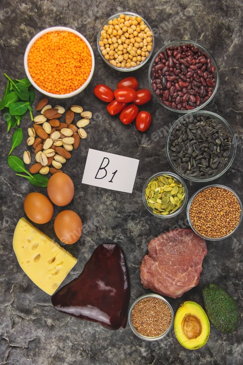 Preview: Foods that contain vitamin B1. Selective focus.