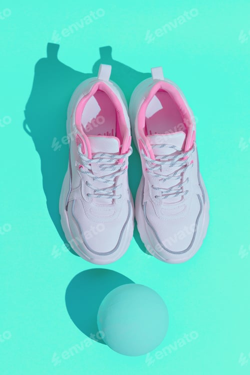 Preview: Minimal still life design. Fashion sport shoes concept. Pastel trends. Stylish white sneakers