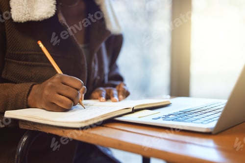 Preview: Student, hands and writing in notebook, studying and learning for exams, test and creative. Black p