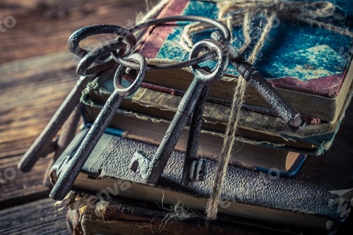Preview: Closeup of old keys on vintage books