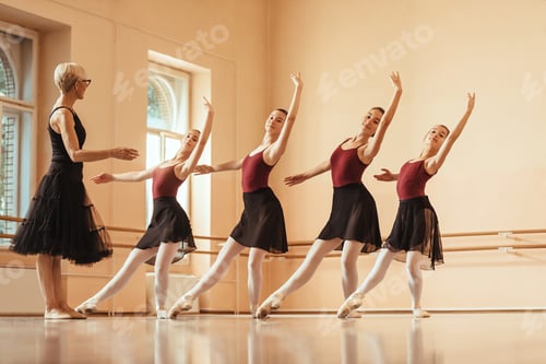 Preview: Ballet instructor holding a class to group of ballerinas ad dance studio.