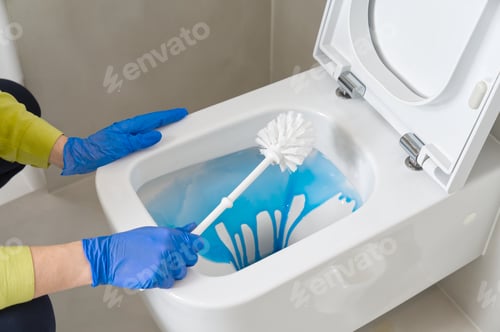 Preview: Wall mounted toilet cleaning. hotel maid cleans toilet with a scrub brush. woman household service