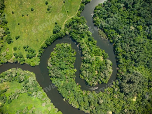 Preview: Aerial view over the river which is on the green forest.