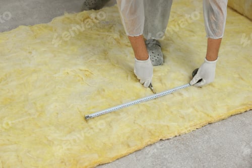 Preview: Worker measuring and cutting insulation material indoors, closeup. Space for text
