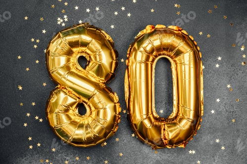 Preview: Golden balloons celebrating an 80th birthday party on a festive background