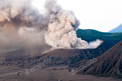 Preview: Mount Bromo Erupting at Sunrise Sending Ash Clouds High into the Sky, East Java, Indonesia, Asia