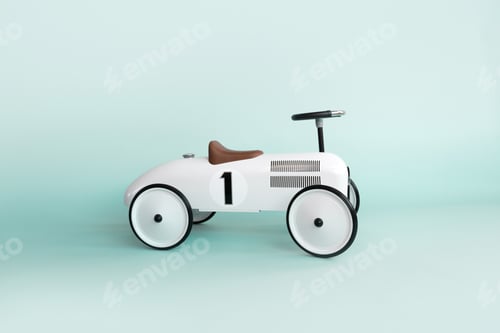 Preview: Retro style beige toy car on blue background. Stylish toy for toddler boy.