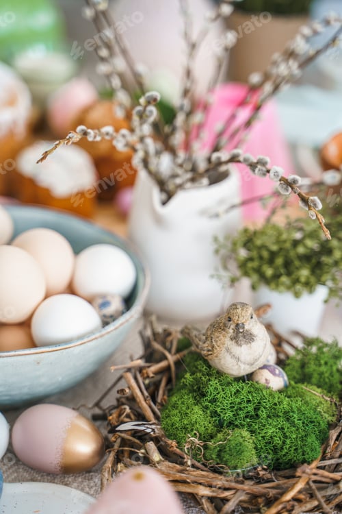 Preview: Table decoration for Easter celebration in kitchen.Tablescape for Easter holiday at home.Family reli