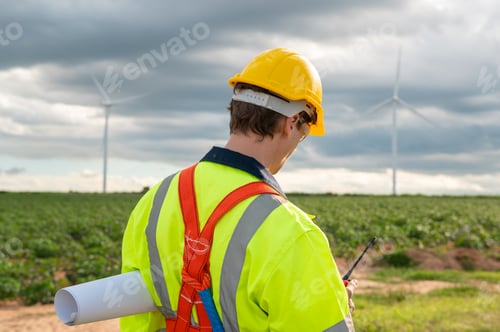 Preview: Smart engineer with protective helmet holding the blueprint working at electrical turbines field