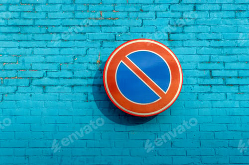 Preview: No waiting sign on a blue brick wall