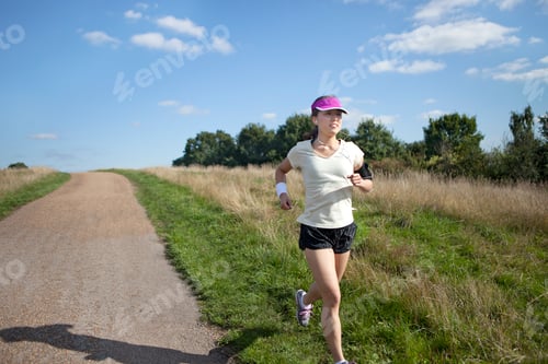 Preview: Young female runner running alongside dirt track