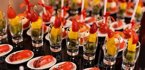 Preview: Tasty candy bar for Birthday party on table against color background
