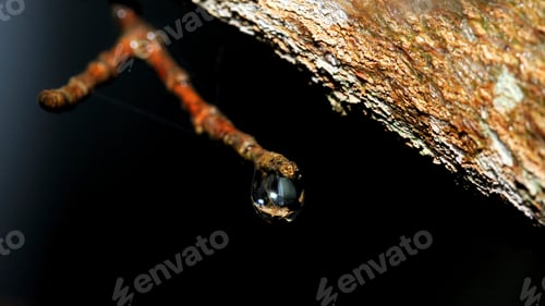 Preview: Close Up Photograph Of A Raindrop On The Tip Of A Tree Branch With New Springtime Growth.